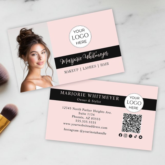 Carte De Visite Blush Pink Script Logo QR Code Photo Makeup (modern black blush pink script photo makeup business card add your logo qr code social media icons)