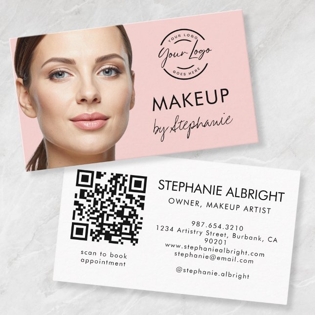 Carte De Visite Blush Pink Script Logo QR Code Photo Makeup (Créateur téléchargé)