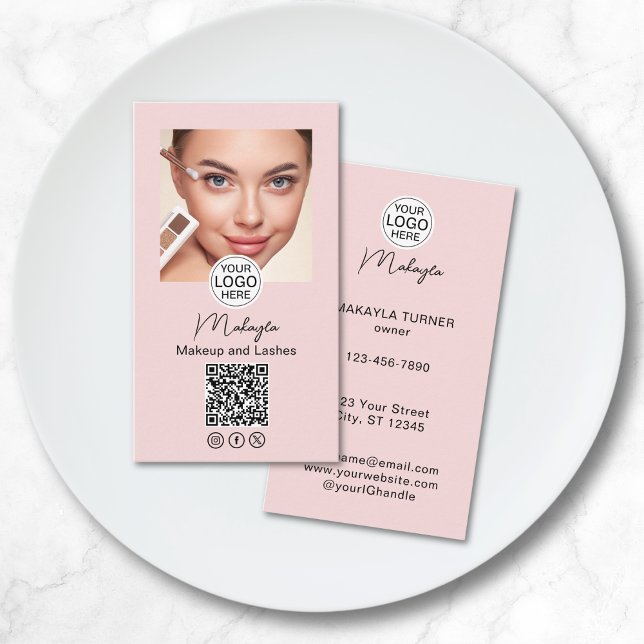Carte De Visite Blush Pink Script Logo QR Code Photo Makeup (Créateur téléchargé)