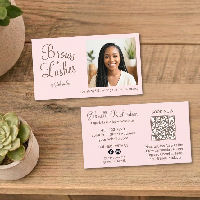 Carte De Visite Blush Pink Script Photo QR Code Brows and Lashes (Créateur téléchargé)