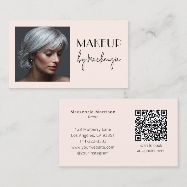 Carte De Visite Blush Pink Script QR Code Photo Makeup (Devant / Derrière)