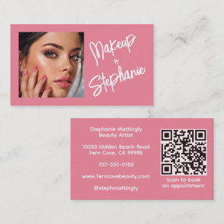 Carte De Visite Blush Pink Script QR Code Photo Makeup