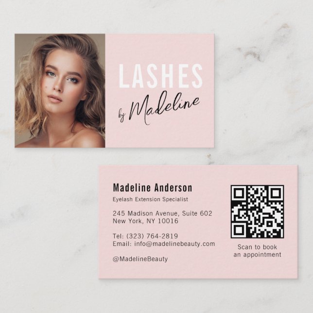 Carte De Visite Blush Pink Script Social Icon QR Code Photo Lashes (Devant / Derrière)