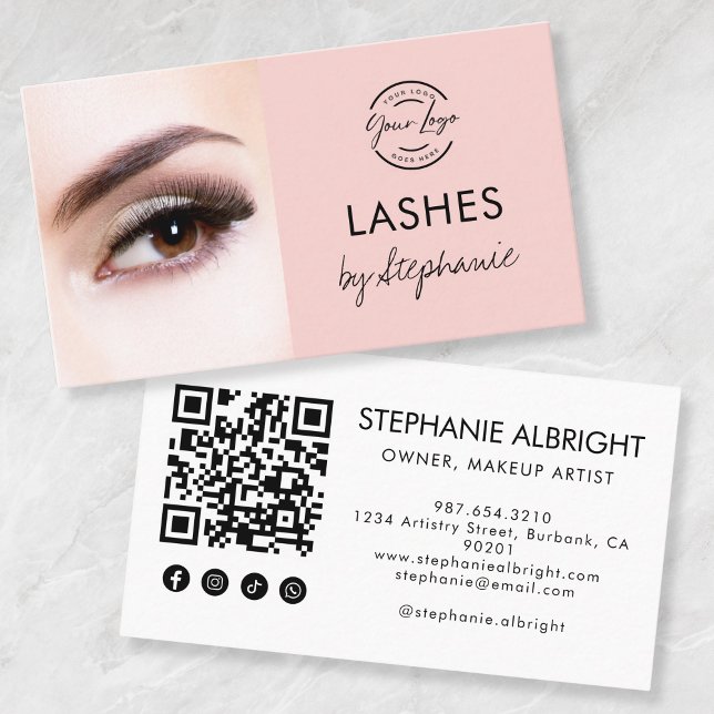 Carte De Visite Blush Pink Script Social Icon QR Code Photo Lashes (Créateur téléchargé)