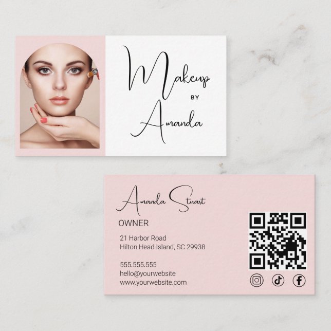 Carte De Visite Blush Pink Script Social Icon QR Code Photo Makeup (Devant / Derrière)