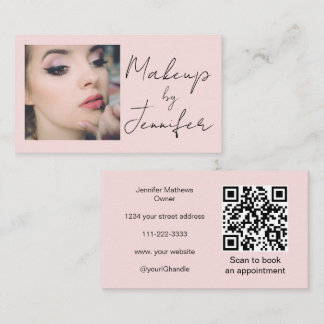 Carte De Visite Blush Pink Script Social Icon QR Code Photo Makeup