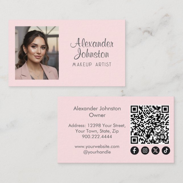 Carte De Visite Blush Pink Script Social Icon QR Code Photo Makeup (Devant / Derrière)