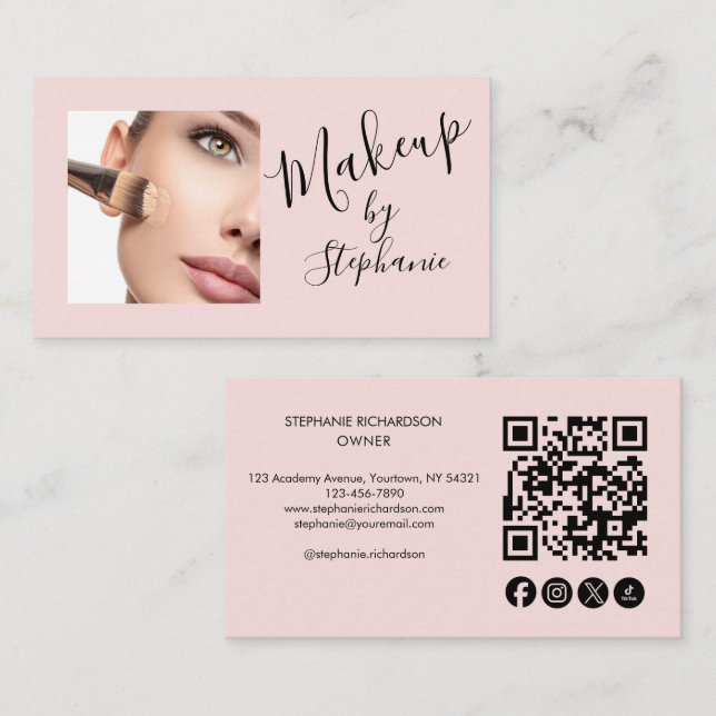 Carte De Visite Blush Pink Script Social Icon QR Code Photo Makeup (Devant / Derrière)