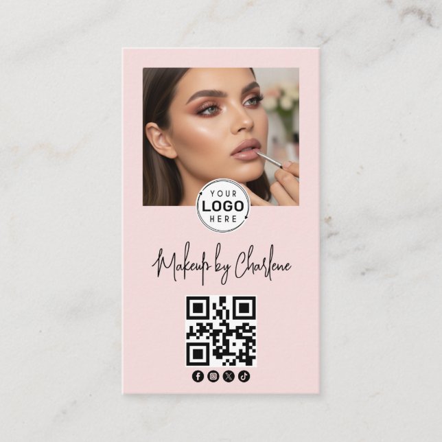 Carte De Visite Blush Pink Script Social Icon QR Code Photo Makeup (Devant)