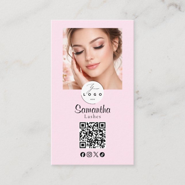Carte De Visite Blush Pink Script Social Icon QR Code Photo Makeup (Devant)
