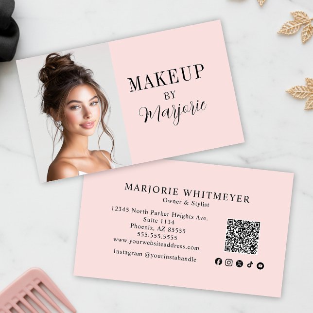 Carte De Visite Blush Pink Script Social Icon QR Code Photo Makeup (modern black blush pink script photo makeup business card with modern typography qr code and social )
