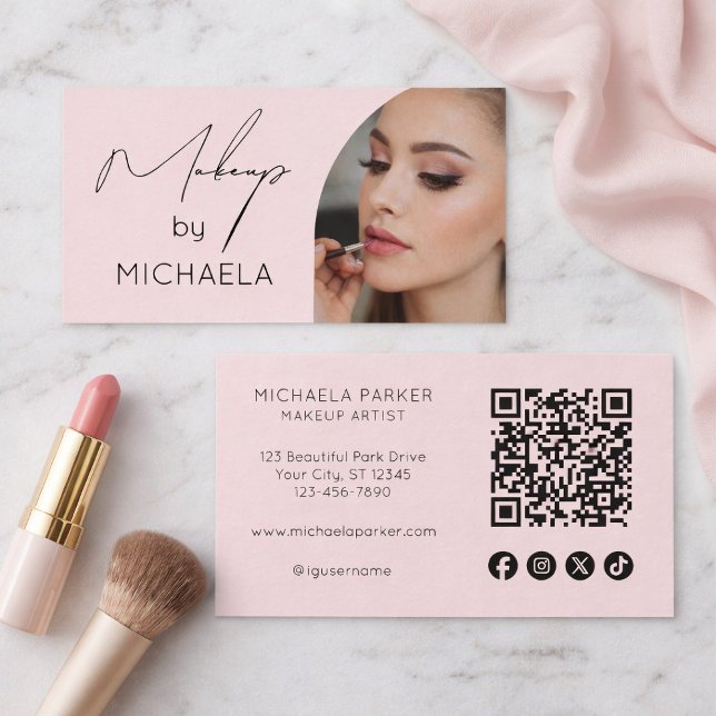 Carte De Visite Blush Pink Script Social Icon QR Code Photo Makeup (Créateur téléchargé)