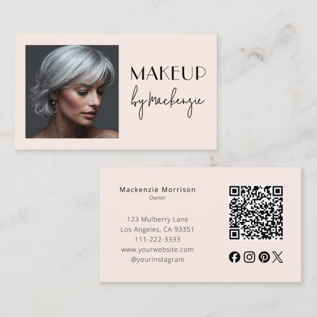 Carte De Visite Blush Pink Script Social Icon QR Code Photo Makeup (Devant / Derrière)