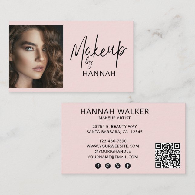 Carte De Visite Blush Pink Script Social Icon QR Code Photo Makeup (Devant / Derrière)