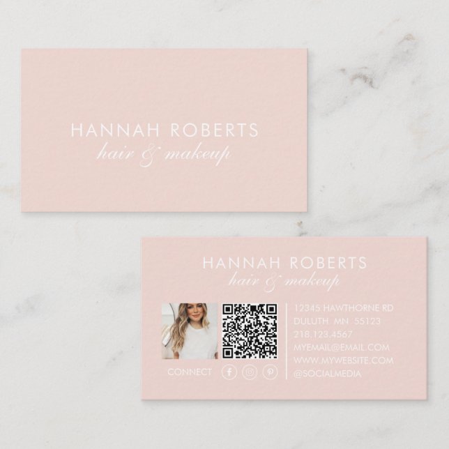 Carte De Visite Blush Pink Script Social QR Code Photo Hair Makeup (Devant / Derrière)