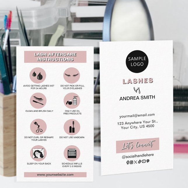 Carte De Visite Blush Pink Simple Lash Guide de soins postérieurs  (Créateur téléchargé)