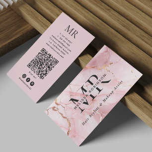 Carte De Visite Blush Rose Chic et Marbre Doré Monogramme et Code
