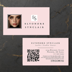 Carte De Visite Blush Rose Logo Script QR Code Photo Cils