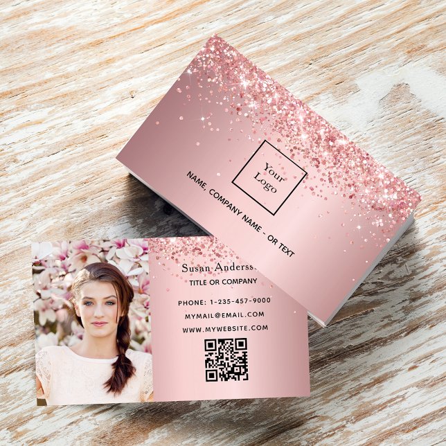 Carte De Visite Blush rose photo QR code parties scintillant pouss (Créateur téléchargé)