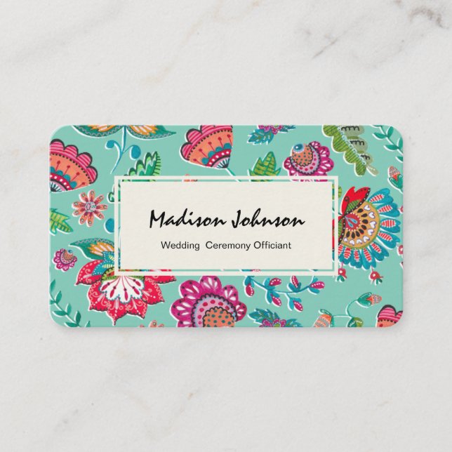 Carte De Visite Bohème Turquoise bleu floral Fleurs folk (Devant)