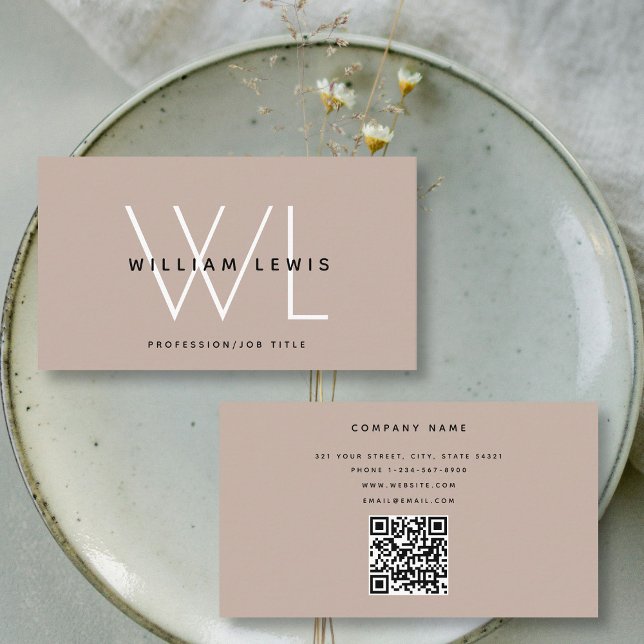 Carte De Visite Boho Beige Monogramme moderne minimaliste QR Code (Boho Beige Monogram Modern Minimalist QR Code Business Card)
