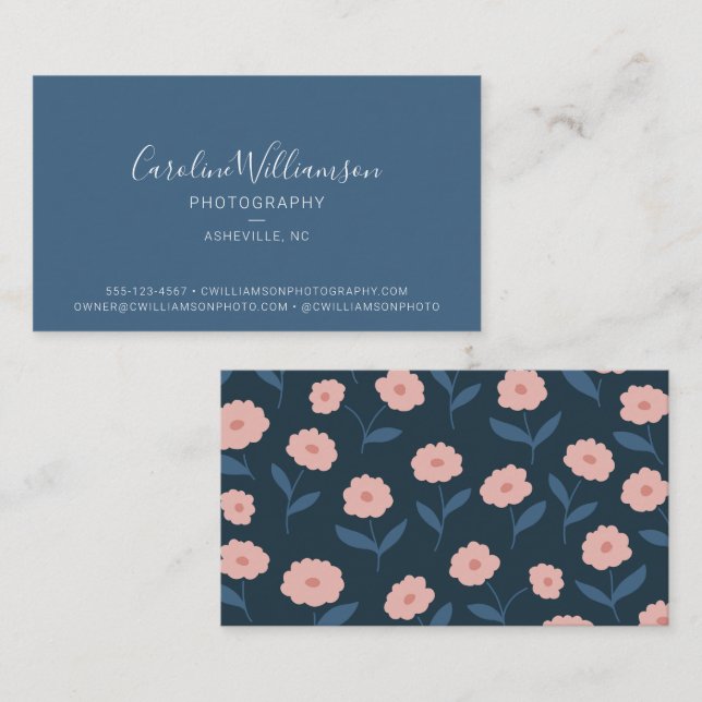 Carte De Visite Boho bleu moderne Floral Simple tendance (Devant / Derrière)