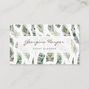 Carte De Visite Boho Blue Aquarelle Tribal Feathers Motif