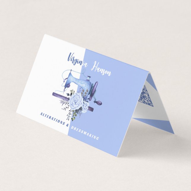 Carte De Visite Boho Blue Floral Seamstress machine à coudre plié (Devant)