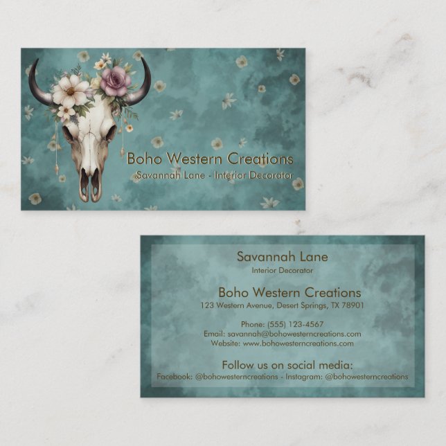 Carte De Visite Boho Chic Aquarelle Florale Vache Crâne (Devant / Derrière)