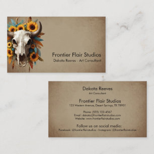 Carte De Visite Boho Chic Aquarelle Tournesol Plumes Vache crâne