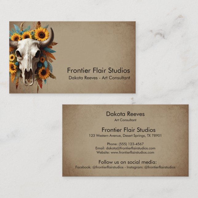 Carte De Visite Boho Chic Aquarelle Tournesol Plumes Vache crâne (Devant / Derrière)