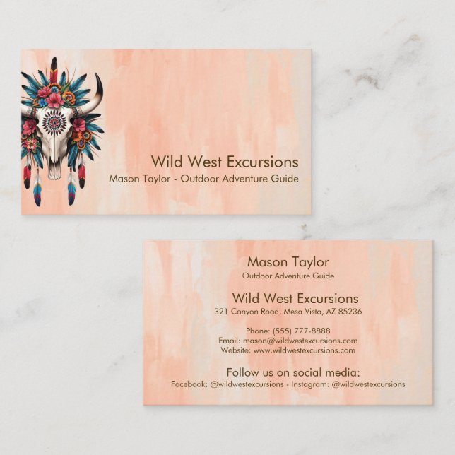 Carte De Visite Boho Chic Aquarelle Tribal Floral Vache Crâne (Devant / Derrière)