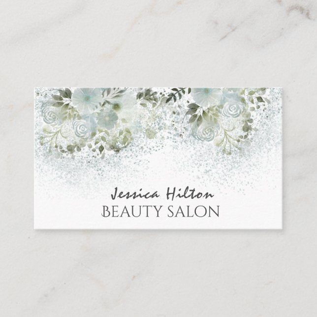 Carte De Visite Boho chic élégant bleu poussiéreux aquarelle flora (Devant)