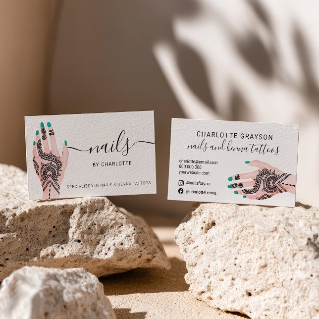 Carte De Visite Boho clous vert henné tatouage illustration (Boho nails green henna tattoos illustration business card)