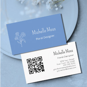 Carte De Visite Boho Daisy QR code Blue Floral Designer