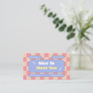 Carte De Visite Boho en damier bleu rose jaune rétro