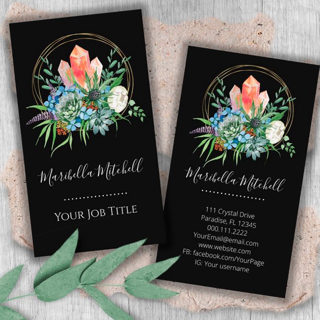 Carte De Visite Boho Fleurs Succulentes Bouquet Crystals Aquarelle (Créateur téléchargé)