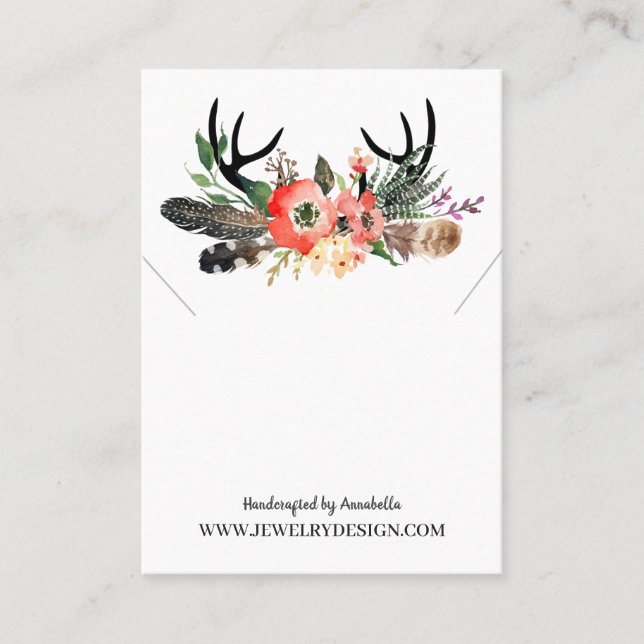 Carte De Visite Boho Floral Antlers Collier Pendentif Display Card (Devant)