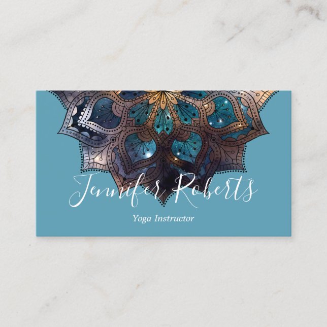 Carte De Visite Boho Floral Bleu Or Mandala Chic Modern (Devant)