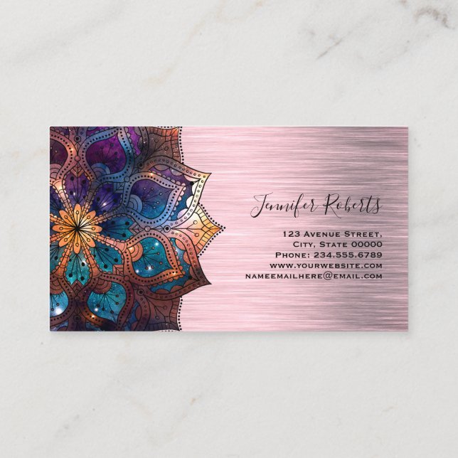 Carte De Visite Boho Floral Blue Gold Mandala Chic Yoga Instructeu (Dos)