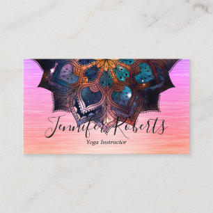Carte De Visite Boho Floral Blue Gold Mandala Yoga Instructeur