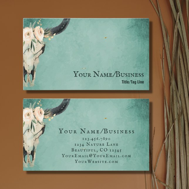 Carte De Visite Boho Floral Vache Crâne sur Turquoise (Créateur téléchargé)