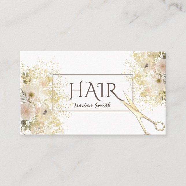 Carte De Visite Boho Glam aquarelle florale or patina ciseaux (Devant)