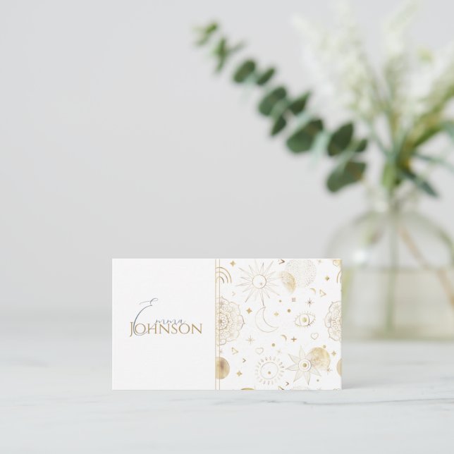 Carte De Visite Boho Gold Space doodles Design blanc (Debout devant)
