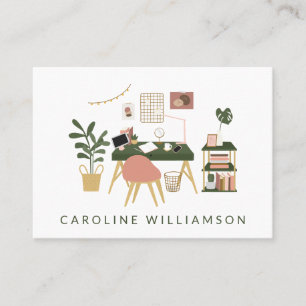 Carte De Visite Boho Home Desk Scène en vert et rose