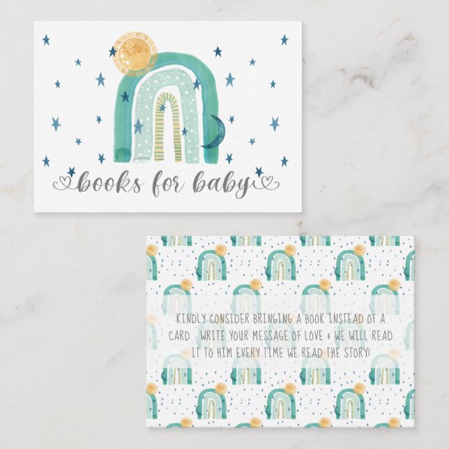 Carte De Visite Boho Modern Rainbow Livres Turquoises pour bébé bo (Devant / Derrière)