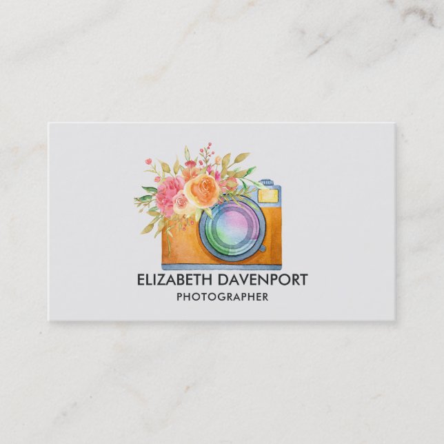 Carte De Visite Boho Orange Caméra & Bouquet Floral Aquarelle (Devant)
