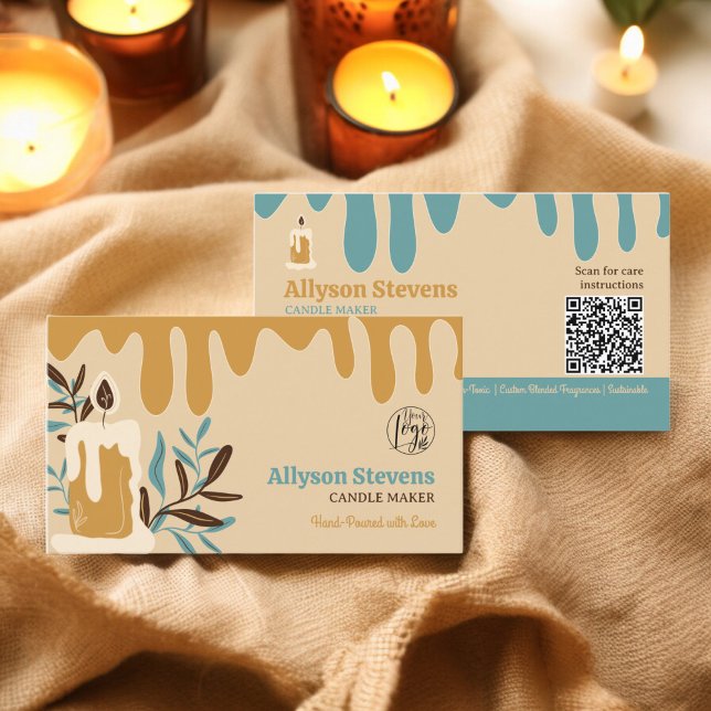 Carte De Visite Boho rétro artisanal bougie fabricant logo qr code (Boho retro artisanal candle maker logo qr code business card)