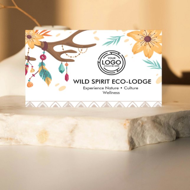 Carte De Visite Boho Rustique Antlers, Plumes perles Tribal Floral (featuring rustic boho artwork with antlers, feathers, beads, and floral accents. warm earth colors)