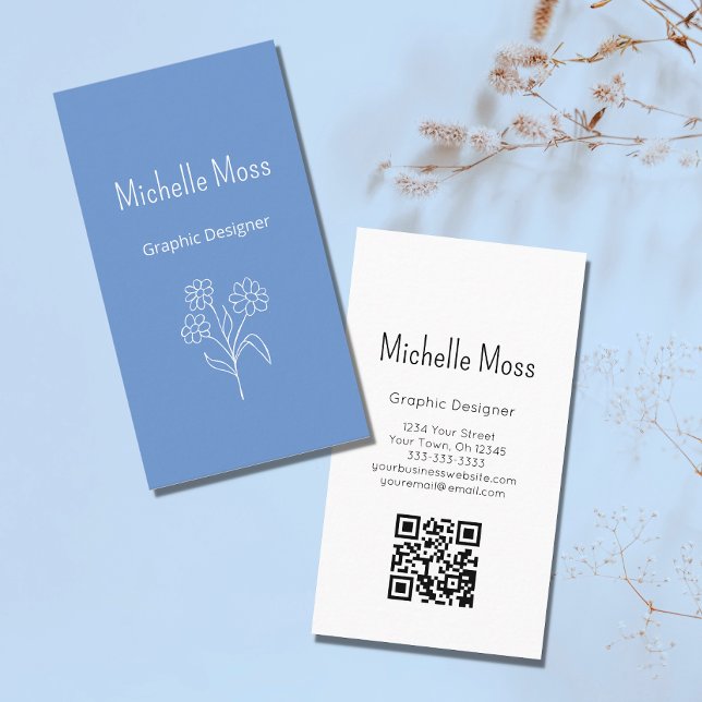 Carte De Visite Boho Simple Daisy QR code Graphic Designer Blue (Créateur téléchargé)